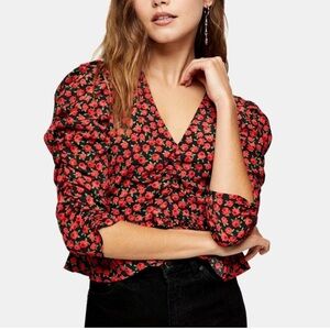 Topshop Black and Red Peplum Blouse with Peter Pan Collar and Ruffled Sleeves